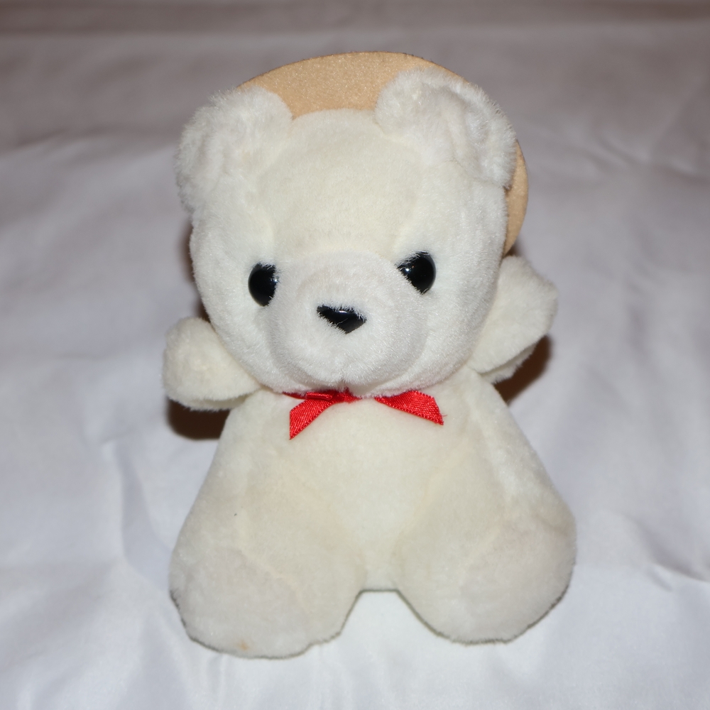 Vintage White Teddy Bear with Red Neck Ribbon and Brown Hat. Collector's Item.